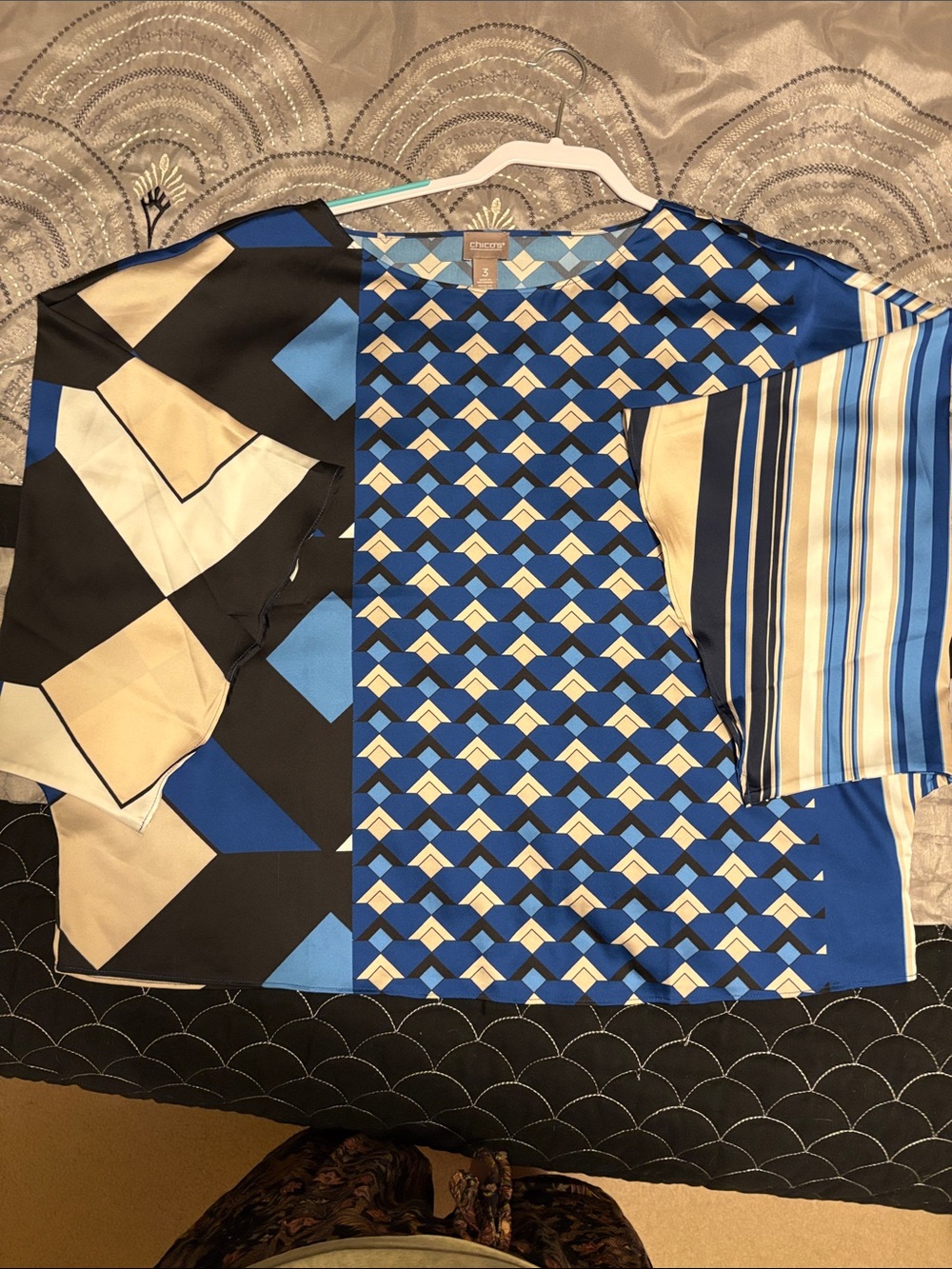 Chico's Blue Black Cream Geometric & Stripe Mixed-Print Blouse